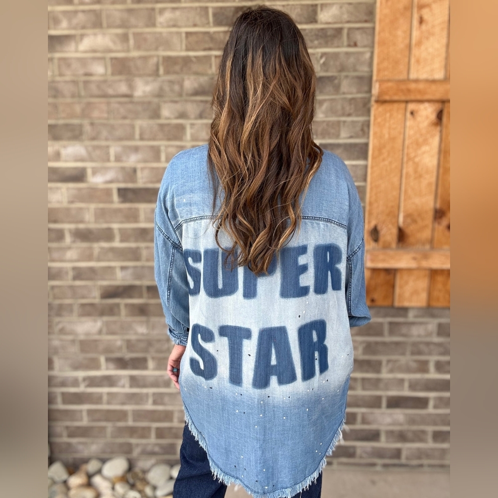 Oli & Hali Super Star Paint Splatter Raw Hem Denim Shirt with 'Super Star' Print